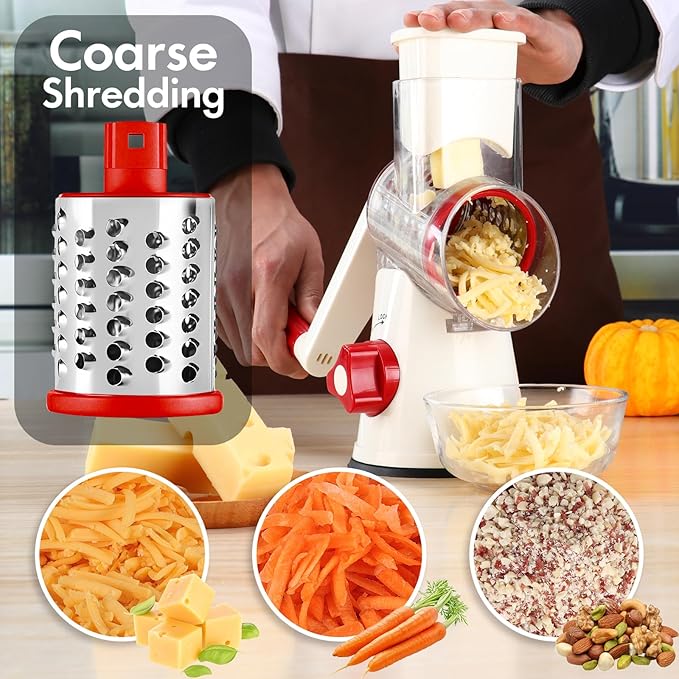 Rotary Cheese Grater Hand Crank, 3 in 1 Round Mandoline Slicer Potato Shredder Speed Vegetable Grinder for Nuts, Carrot, Hashbrown, Walnut, Cucumber, Chocalate (White Red)