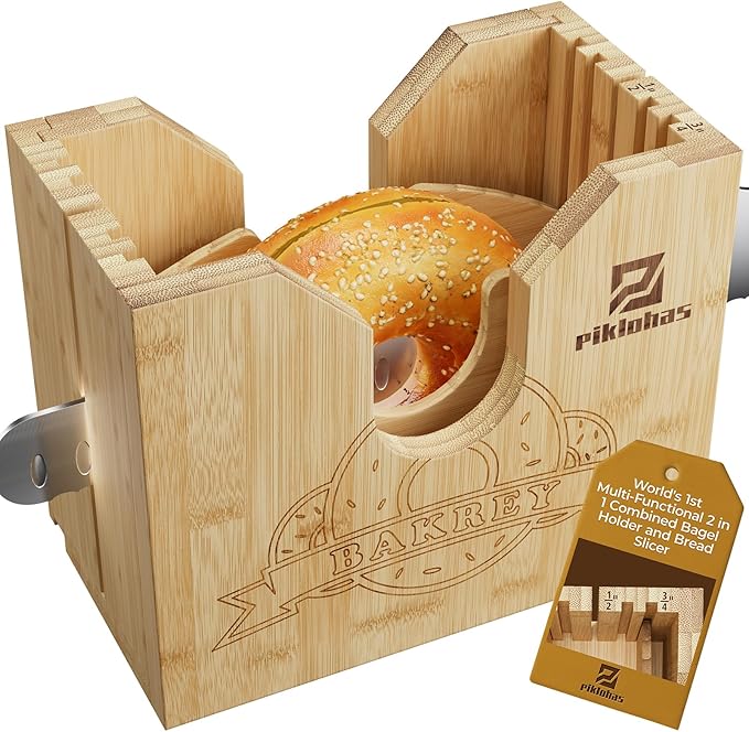 2025 Upgrade Bagel Slicer, Bamboo Bagel Cutter for Small and Large Bagels, Bread Slicer for Buns, English Muffins, 2 Adjustable Thickness, Anti-slip Mat, Ideal for Gift (No Knife)