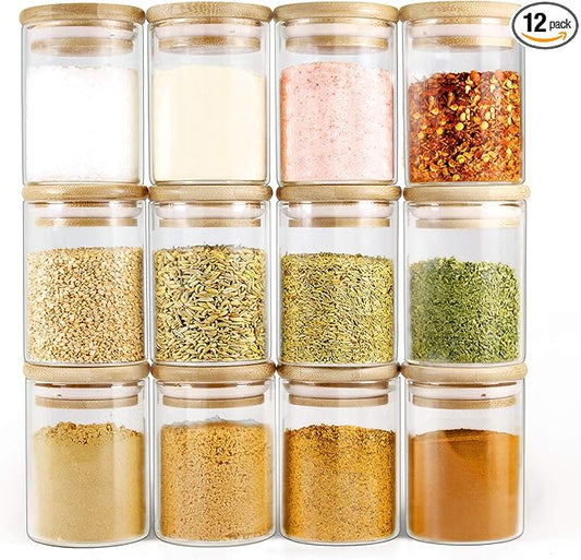Glass Jars with Bamboo Lids (6oz in 12 Pack), Small Glass Food Jars and Canisters Sets, Glass Spice Jars with Airtight Lids, Glass Pantry Jars, Glass Jars for Spice and Hearbs.