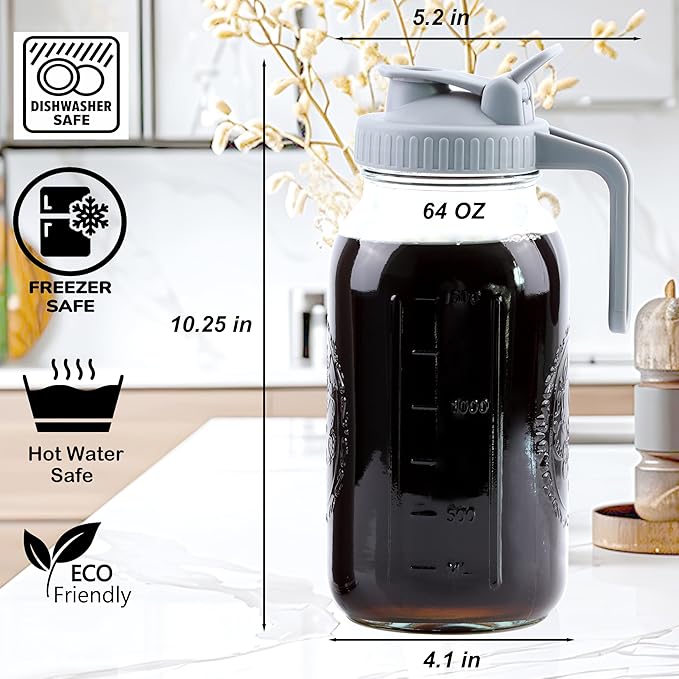Cold Brew Coffee Maker 64 Oz Mason Jar Cold Brew Pitcher With Strainer 2 Set Half Gallon Wide Mouth Glass Iced Coffee Maker With Spout Lids 2 Quart Glass Pitcher For Fridge, Lemonade, Cold Brew