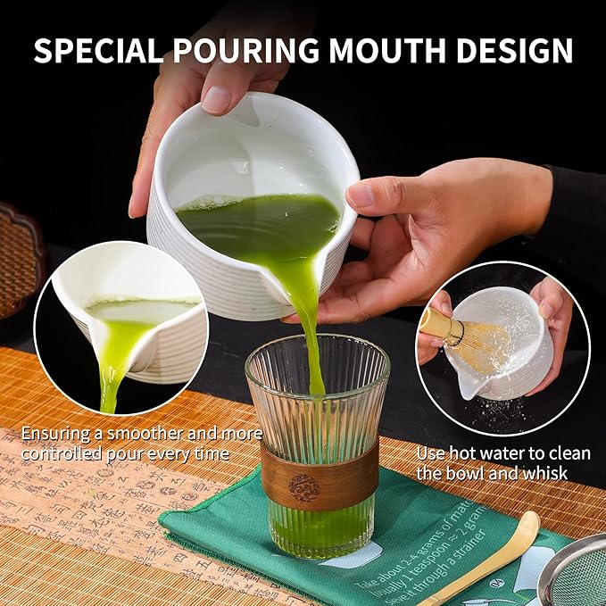 7pc Japanese Tea Set Includes Ceramic Bowl, White Matcha Whisk Set with Green Dot, Matcha Whisk and Holder, Stainless Sifter & Bamboo Scoop, Towel, Matcha Starter Kit for matcha Lovers