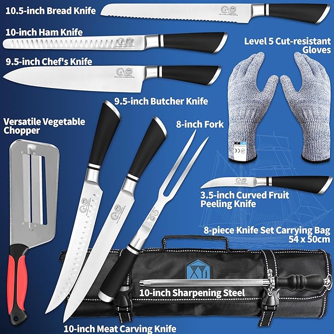 XYJ Kitchen Knife Set with Bag, Sharpening Steel, Gloves, Meat Fork, Stainless Steel Slicing Carving Bread Ham Chef Knives,Bird-beak Paring Knife, Ergonomic Handle
