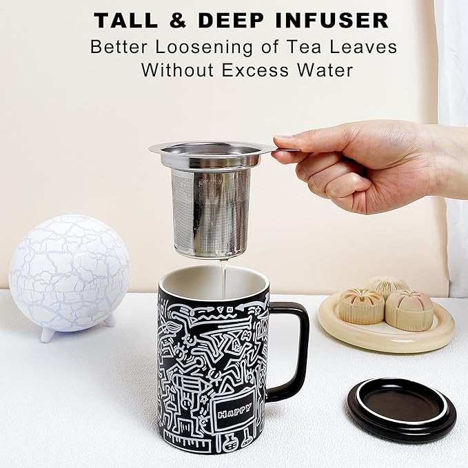 Loose Leaf Tea Cup, Doodle Style Tea Mugs with Infuser and Lid, 14oz Porcelain Steeper Cup, Brewing Teacup with Infuser and Lid, Microwave & Dishwasher Safe, Happy Black