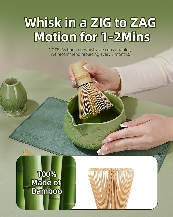 ZENS Matcha Whisk Set, 15oz Ceramic Matcha Bowl with Spout and Bamboo Whisk, (Chasen Holder) Scoop & Tea Towel, 5pcs Matcha Kit for Matcha Ceremony, Emerald Green