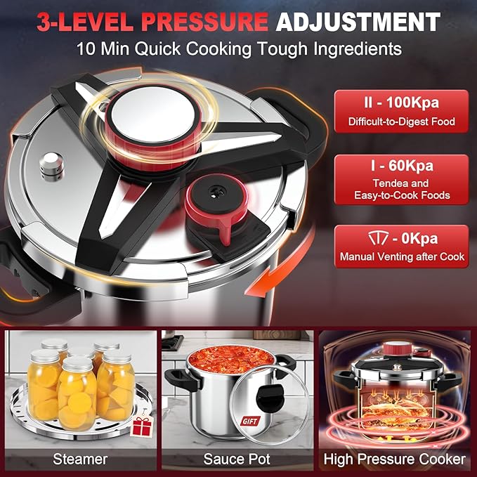 18/8 Stainless Steel Pressure Cooker 10.2 Quart, [One-Hand Locking] Olla de Presion, [3-In-1] Pressure Cooker, Induction Compatible, Gas Stovetop Compatible,Includes Glass Lid & Steamer Rack
