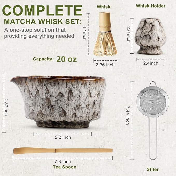 Matcha Whisk Set, 2025 New Ceramic Matcha Set Includes Matcha Bowl, Bamboo Scoop,Sifter, Whisk and Holder- 5 Pcs Kit for Matcha Lovers (Snowflake White)