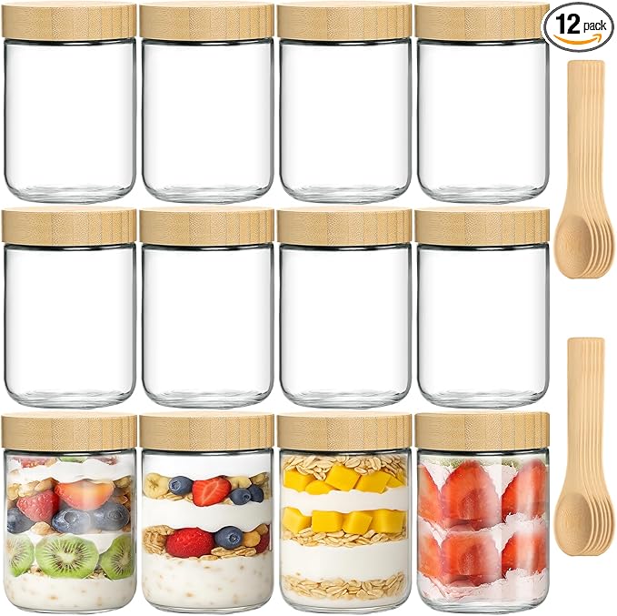 12 Pack 16oz Glass Jars with Bamboo Lids, Spoons, Airtight Overnight Oats Containers, Salad& Yogurt Storage, Mason Jars for Snacks, Spices, Meal Prep – Reusable
