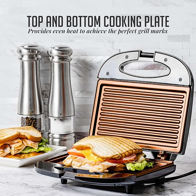 OVENTE Electric Panini Press Grill with Nonstick Plates, LED Indicator Lights, Thermostat Control, Compact Sandwich Maker Perfect for Cooking Breakfast, Steaks, Eggs Snacks & More, Copper GP0110CO