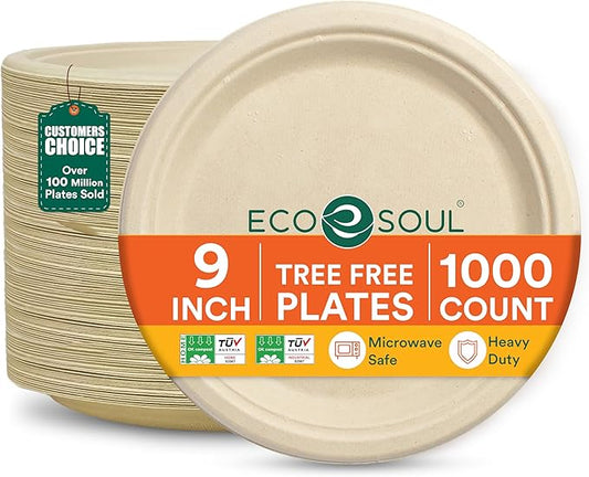 ECO SOUL 100% Compostable 9 Inch Paper Plates 1000 [8x125 Pc] Disposable Heavy Duty Eco-Friendly Sturdy Dinner, Wedding, Event Plates I Biodegradable Unbleached Sugarcane Eco Plates