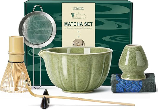 Matcha Whisk Set,7 PCS Ceramic Matcha Kit Includes Matcha Bowl with Spout, Matcha Whisk and Holder, Bamboo Scoop, Stainless Sifter, Towel, Unique Gift for Matcha Lovers (Mottled Green)