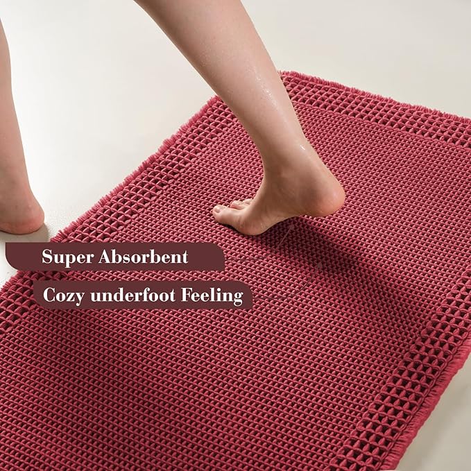 RESARE Waffle Bathroom Runner Rugs, Super Absorbent Bath Mat Non Slip Washable Quick Dry, Upgraded Ultra Soft Boho Bath Rugs with Tassels for Hallway Bedroom Laundry Room, 2'x4'(24"x48"), Red