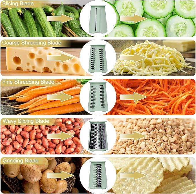 Rotary Hand Crank Cheese Grater, 5-in-1 Replaceable Stainless Blades Vegetable Shredder with Handle and Strong Suction Base, Easy-Clean Multipurpose Kitchen Slicer with Blade Storage Box(Green)
