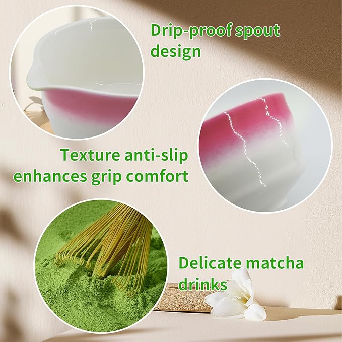 Matcha Whisk Set,7-Pcs Matcha Making Kit with Matcha Bowl,Whisk,Chasen Holder, Sifter, Tea Towel,Measuring Spoon,Bamboo Scoop,Ceremony Matcha Set Lovers Gift(Pink)