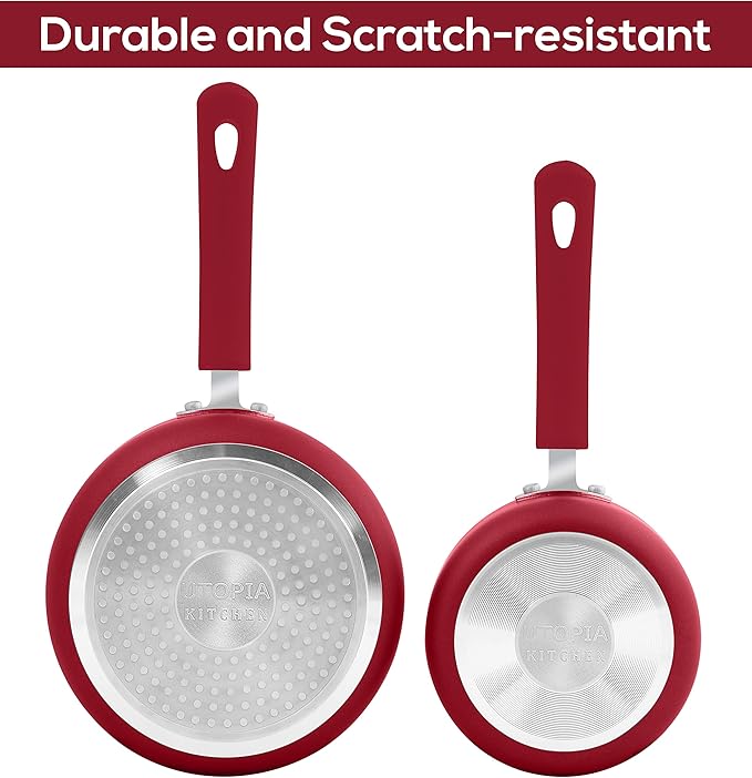 Utopia Kitchen Nonstick Stock Pot Saucepan Set with Lids, 1 Quart and 2 Quarts Multipurpose Stock Pots Set for Home, Kitchen or Restaurant, Red & Black
