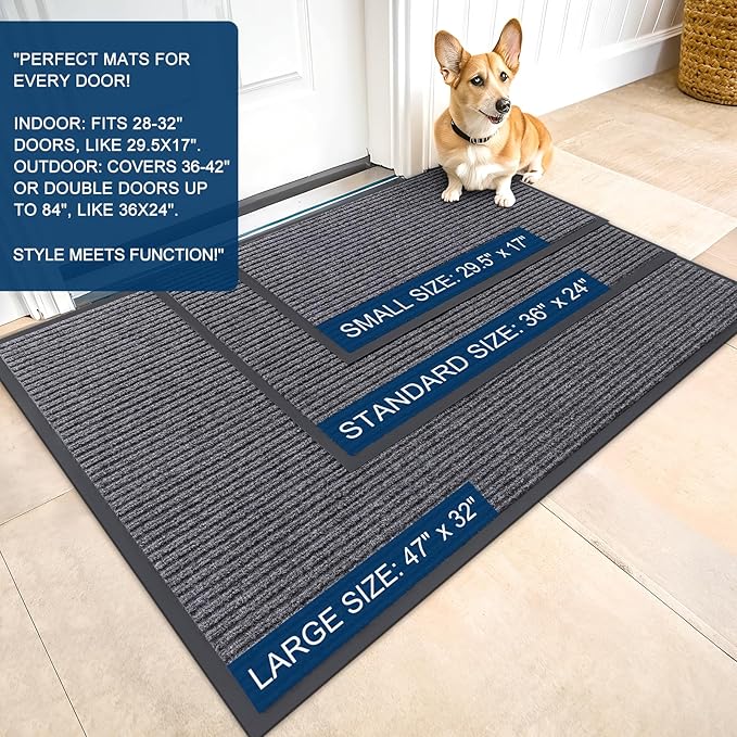 OLANLY Front Door Mat Indoor Outdoor Entrance, Waterproof Heavy Duty Doormat, Fade Resistant, Low Profile, Easy Clean Patio Porch Welcome Floor Mats for Entry, 36x24, Grey