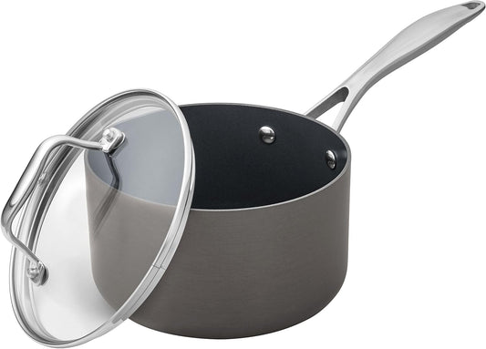 Amazon Basics Mini Sauce Pan With Lid, 1.9 Quarts, Hard-Anodized Non-Stick Aluminum, Gray (Previously Stone & Beam brand), pack of 1