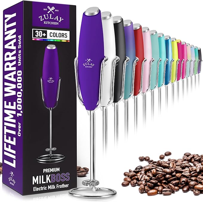 Zulay Kitchen Milk Frother Wand – High-Speed Handheld Frother with Upgraded Stand – Electric Foam Maker with Stainless Steel Whisk