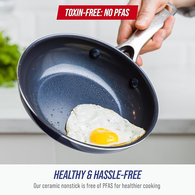 Blue Diamond 8" Nonstick Frying Pan Skillet, Diamond Infused PFAS & PTFE-Free Ceramic Pot, Dishwasher & Oven Safe, Stay Cool Handle, Durable Non Toxic Metal Utensil Safe, Egg & Omelet Pan, Blue