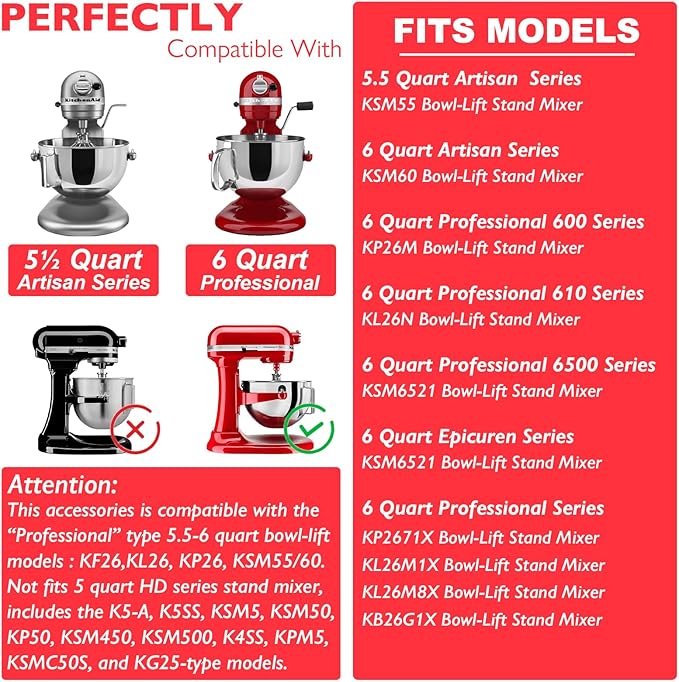 Stainless Steel Accessories for KitchenAid 5-6 Qt Bowl-Lift Stand Mixer, Includes 6 Wire Whisk, Beater, Dough Hook, Dishwasher Safe and Heavy Duty, fits for KP26, KL26, KB26, KSM55/60