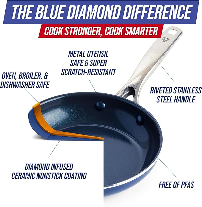 Blue Diamond 8" Nonstick Frying Pan Skillet, Diamond Infused PFAS & PTFE-Free Ceramic Pot, Dishwasher & Oven Safe, Stay Cool Handle, Durable Non Toxic Metal Utensil Safe, Egg & Omelet Pan, Blue