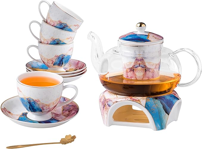 Jusalpha Fine China Rainbow Galaxy Series Glass Tea Pot with Infuser-Teapot Warmer Teacup and Saucer Set with Spoon in Gift Box- 16 pcs in 1 set, (FD Glass pot set 08)