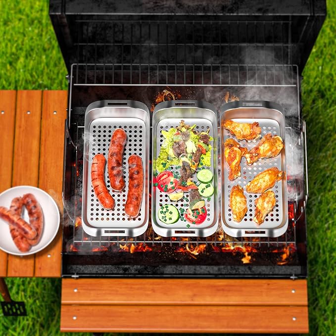 Grill Basket Set, 6-Piece Stainless Steel Large Grill Pans, 16.5" x 11" Pan, Outdoor Grill with Cooling Rack for Vegetables, Fish, Meat, Great Grilling Gifts for Men