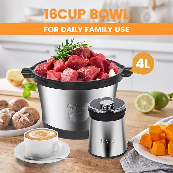 Electric Meat Grinder 850W Food Chopper Food processor with LED timer, with one 16cup stainless steel bowl and 2 sets tri-layers 6 blades cutters