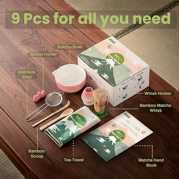 Clay&Fire Matcha Whisk Set，9 Pcs Ceramic Matcha Set, 15 OZ Matcha Bowl with Spout and Whisk，Matcha Kit for Friend, Ideal Gift for Matcha Lover（Gradient Pink）