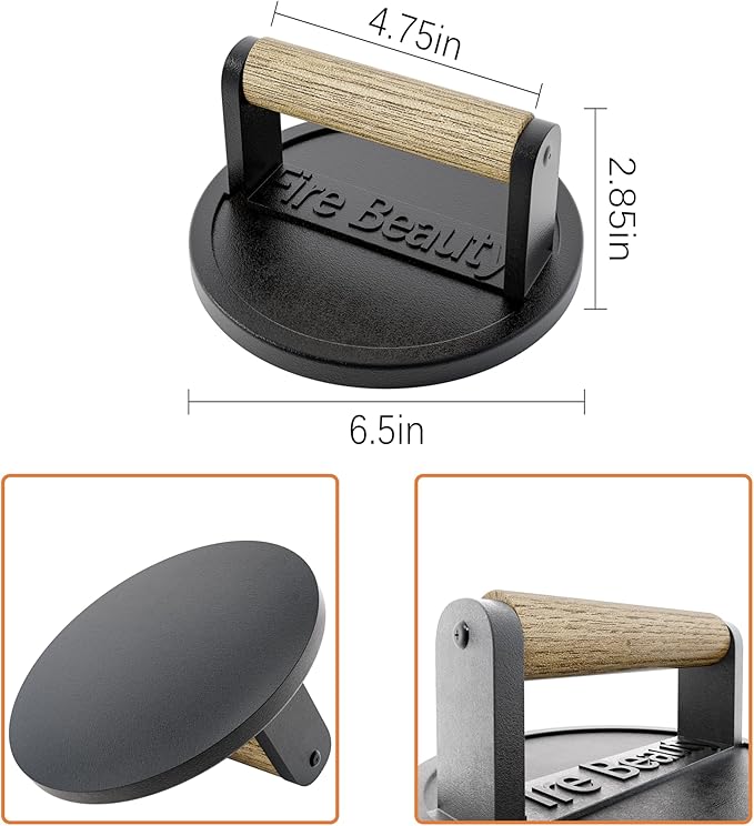 Fire Beauty Burger Press,Cast Iron 6.5" Enamel Surface Grill Press with Wood Handle,Food-Grade Smash Burger Press for Seared Bacon, Steak&Burger