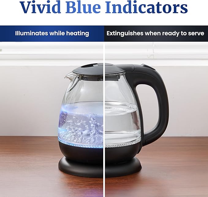 Elite Gourmet EKT1001 Electric 1.0L BPA-Free 1100W Glass Kettle Cordless 360° Base, Stylish Blue LED Interior, Handy Auto Shut-Off Function – Quickly Boil Water For Tea & More, Black