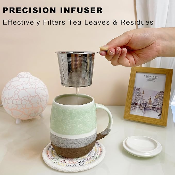 13.5 OZ Reactive Glaze Tea Infuser Cup, Loose Leaf Tea Cup with strainer and lid, Porcelain Mug with Infuser Basket for Microwave & Dishwasher Safe, Green