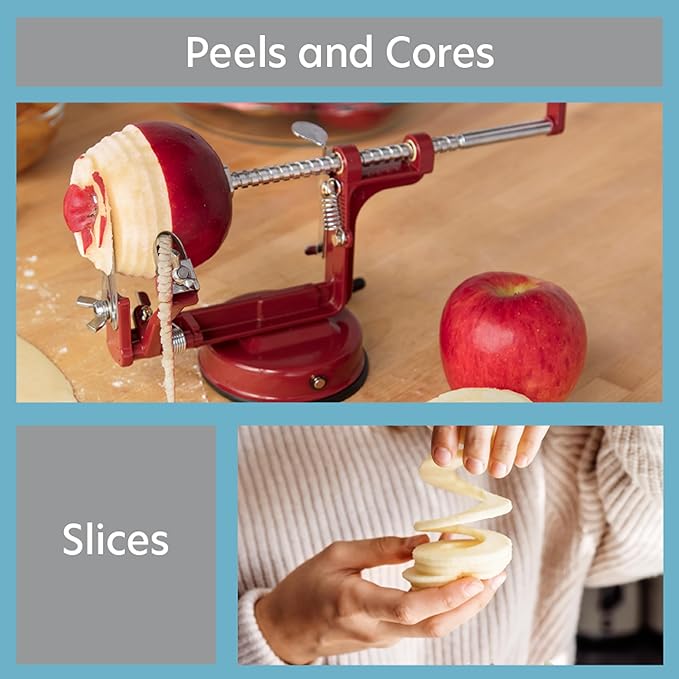 Apple Peeler and Corer - Durable Heavy Duty Chrome Cast Iron w Powerful Countertop Suction, Hand Crank for Fruits, Potatoes or Veggies, Picking Season- Pie Dessert Baking, Must Have Kitchen Essential