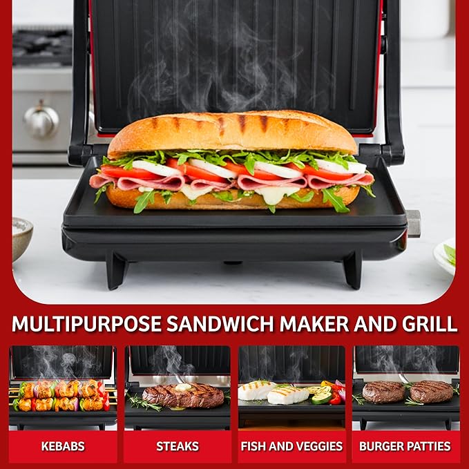Panini Press - Sandwich Maker with Nonstick Plates - Indoor Countertop Grill for Cooking Burgers, Steak, Grilled Cheese, and More by Chef Buddy (Red)