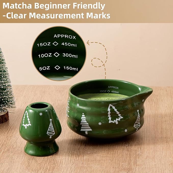 5pcs Premium Matcha Set,Ceramic Bowl with Spout and Bamboo Whisk set, Ceremonical Matcha Kit for breakfast/latte,Tea Starter Making Kit,Unique Matcha Gift set (Christmas Tree)