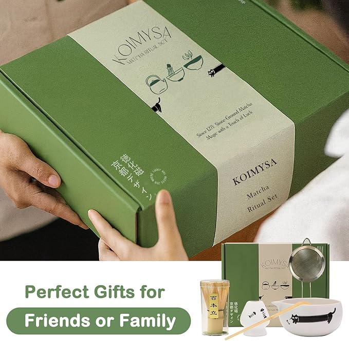 Matcha Whisk Set, Cute Japanese Matcha set Preparation Gift Kit Including Ceramic Bowl and Whisk Holder, Bamboo Scoop, Gift Box
