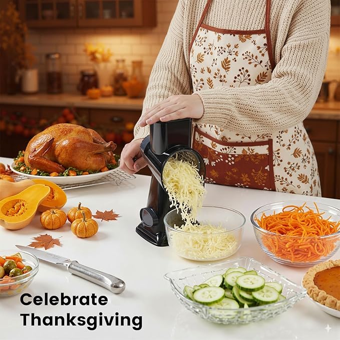HANSGO Rotary Cheese Grater, Hand Crank Cheese Shredder for Fresh Cheeses, Vegetable, Nuts, Safe Kitchen Tool, Non-slip Suction Base, Labor-Saving Handle, Cleaning Brush, Three Blades