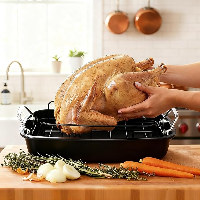 Large Nonstick Roasting Pan with Rack, Turkey Roasting Pan with Wider Handles, Heavy Duty Construction Roaster - 17.2 Inch x 13.5 Inch for Oven