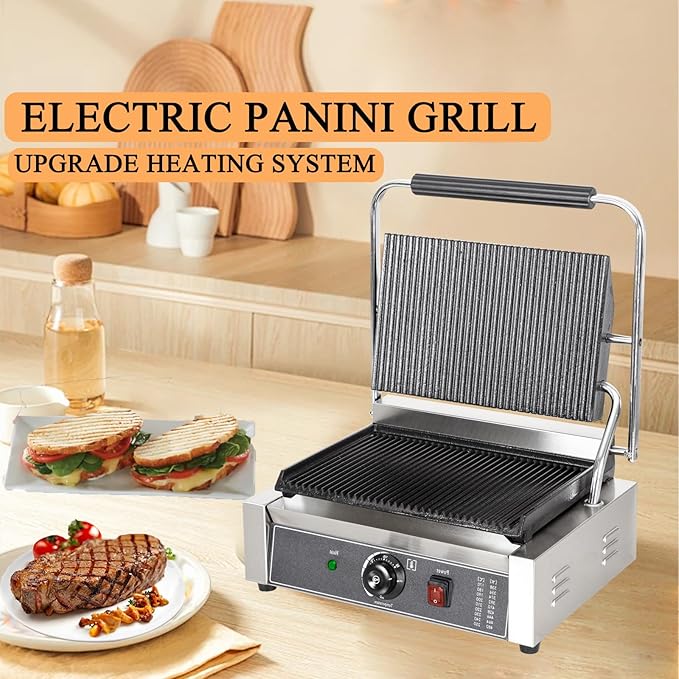 CTJ Commercial Panini Press Stainless Steel Electric Sandwich Panini Maker 2200W Countertop Panini Grill Press with Grooved Top & Temp Control for Sandwich Hamburger Steak Bacon