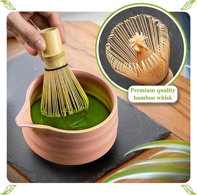 Matcha Whisk Set- Matcha Set includes Matcha Whisk and Bowl with Spout, Sifter, Holder and Scoop- The Perfect Bamboo Whisk for Matcha Tea (Pink)