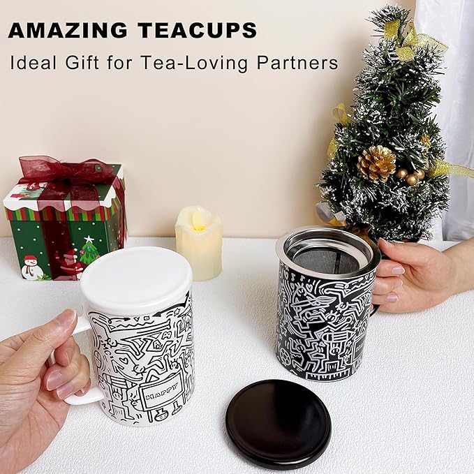 Doodle Style Tea Cup with Infuser and Lid, 14oz Tea Infuser Cup Loose Leaf Tea Mug with Strainer, Porcelain Tea Infuser Mug, Steeping Tea Cups for Microwave and Dishwasher Safe, Happy White