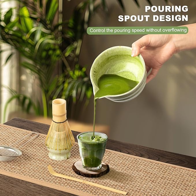 Matcha Set,5 Pcs Matcha Whisk Set Includes Bowl with Spout, Whisk,Holder,Bamboo Scoop and Sifter- Matcha Kit for Making Breakfast/Latte,Gift for Lovers（Green）
