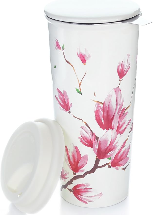 Willow & Everett 16oz Double-Walled Ceramic Tea Cup with Infuser and Lid. Tall Coffee Mugs - Magnolia Finish