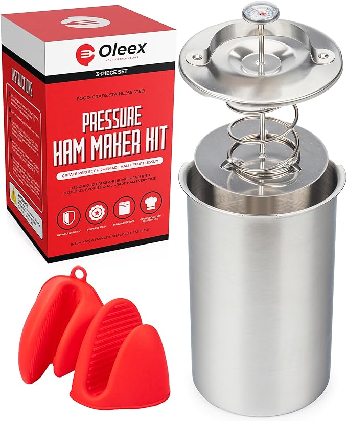 Oleex Lunch Meat Press Mold for Deli Meats-Homemade Ham Maker Meat Press Tool with Cooking Thermometer & Silicone Kitchen Mittens-Multipurpose Stainless Steel Pressure Sandwich Lunchmeat Press Maker