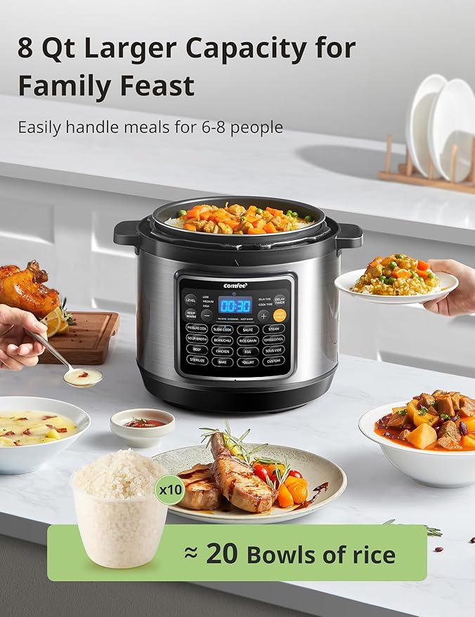 COMFEE’ 16 in 1 Electric Pressure Cooker Instant Multi Cooker Olla de Presion Non-Stick Pot Yogurt Maker Rice Cooker Sauté Steamer 8 Quarts Stainless Steel