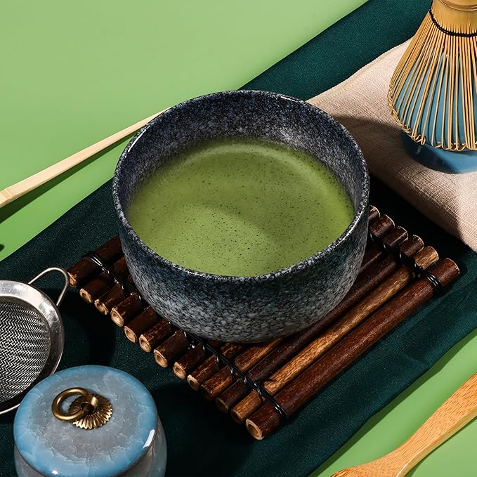 Matcha Tea Set 9 Pcs, Japanese Traditional Bowl, Bamboo Whisk (Chasen), Scoop (Chashaku), Spoon, Stainless Steel Sifter, Holder, Ceramic Powder Caddy