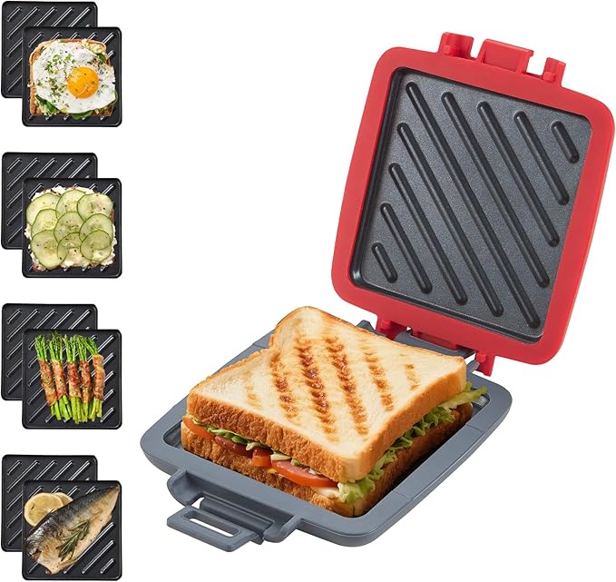 Microwave Toastie Sandwich Maker, Snack Maker & Panini Press, Removable Non-Stick Plates Silicone Microwavable Cookware, Heatwave Technology, Red