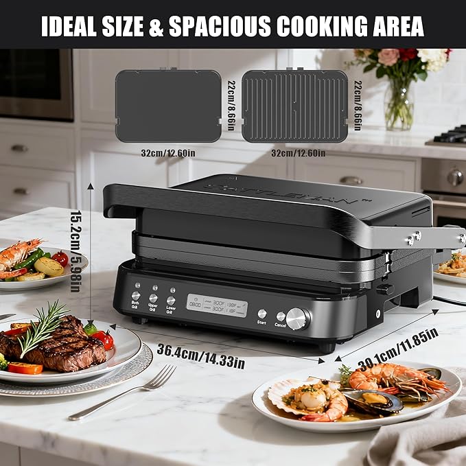 CATTLEMAN Panini Grill Press Sandwich Maker with Removable Plates, 5 in 1 Smokeless Indoor Grill & Griddle with Meat Thermometer, PFAS Free Ceramic Nonstick Reversible Plates, Opens Flat, 1600W