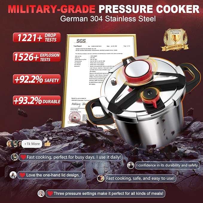 18/8 Stainless Steel Pressure Cooker 10.2 Quart, [One-Hand Locking] Olla de Presion, [3-In-1] Pressure Cooker, Induction Compatible, Gas Stovetop Compatible,Includes Glass Lid & Steamer Rack