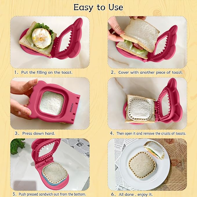 Sandwich Cutter and Sealer - 3.7" Circle & Square Pocket Sandwich Maker, Intuitive & Easy-to-Use for Boys &Girls, Perfect for Breakfast & Lunchboxes (Fuchsia, Square)