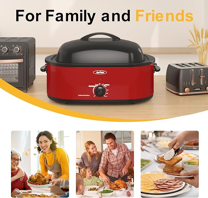 Roaster Oven, Electric Roaster Oven with Viewing Lid, Large Roaster with Removable Pan & Rack, Turkey Roaster with Unique Defrost/Warm Function, Stainless Steel, Red, 18QT